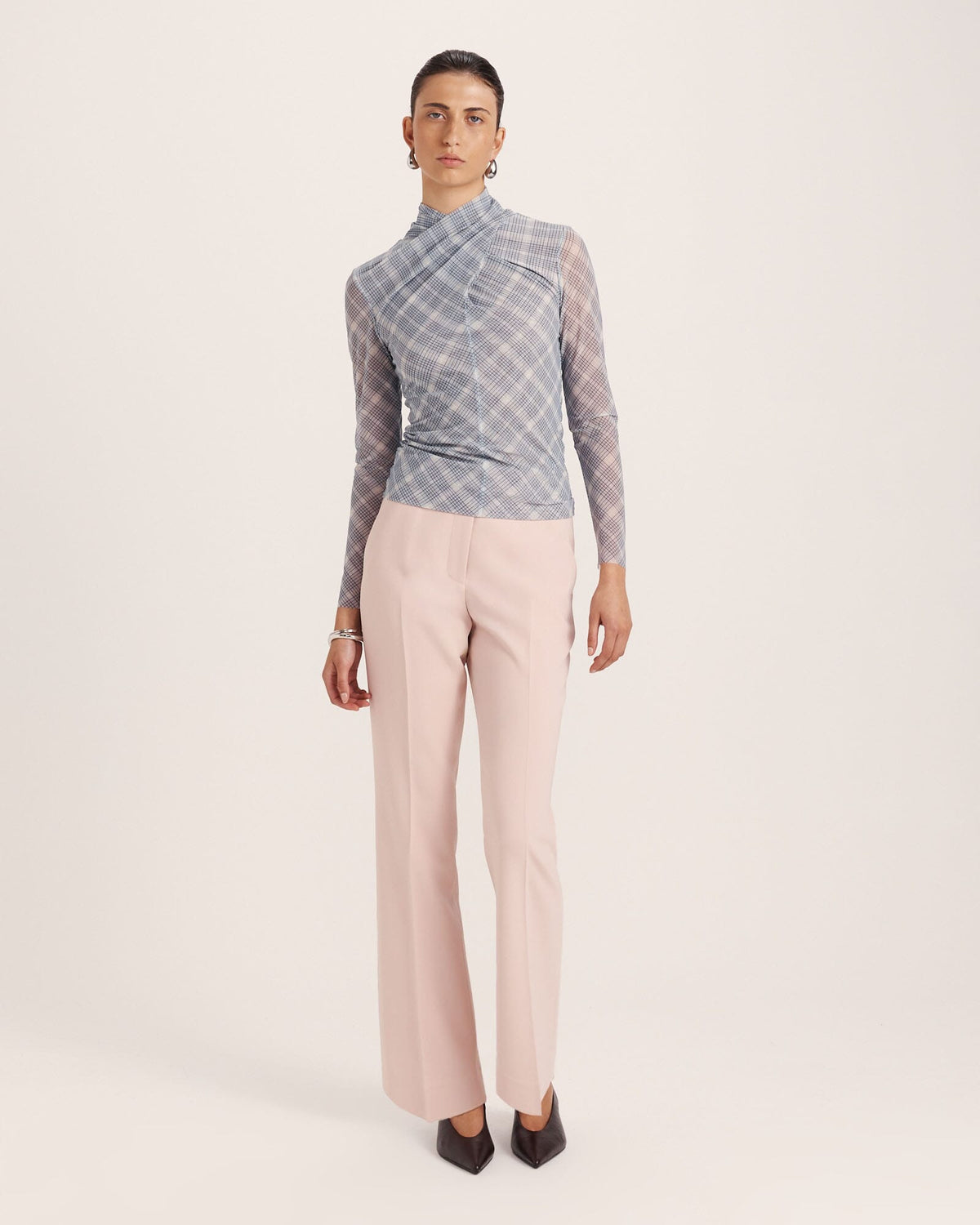 Astrid Check Mesh Long Sleeve Top